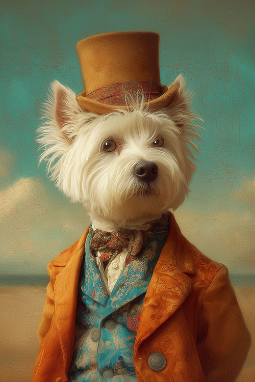 White west Highland terrier in orange top hat and jacket at the beach