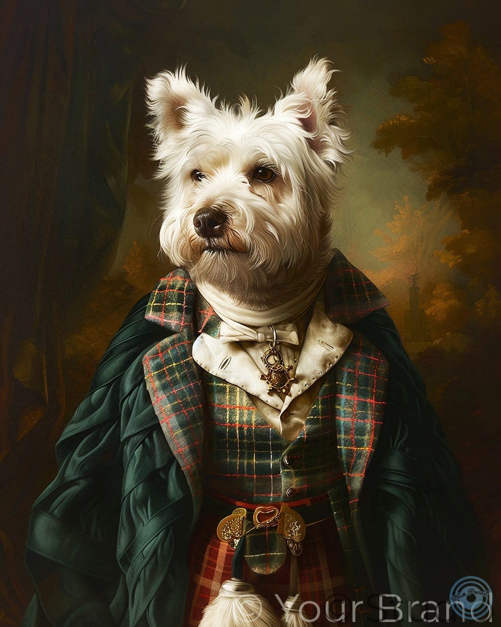 West Highland terrier dressed in Highland kilt