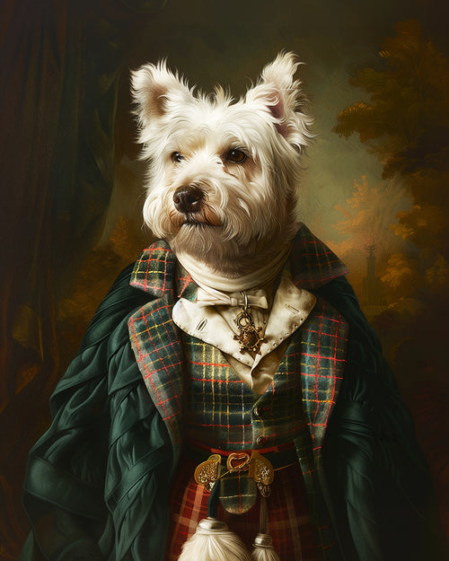 West Highland terrier dressed in Highland kilt