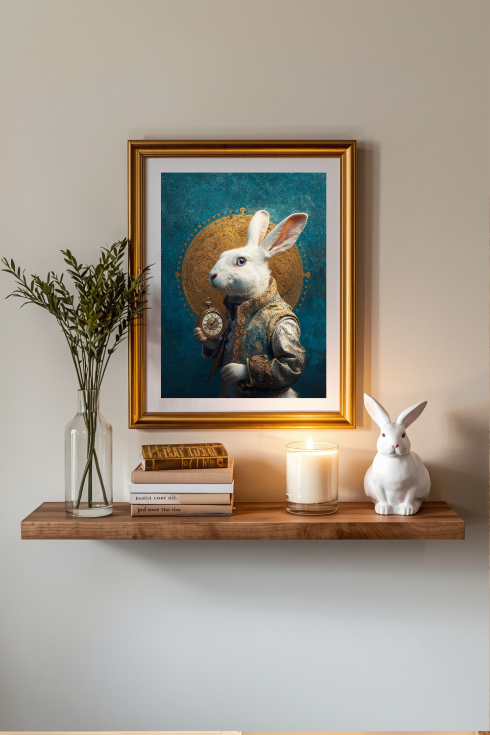 Framed artwork of a white rabbit on a wooden shelf with decorative items.