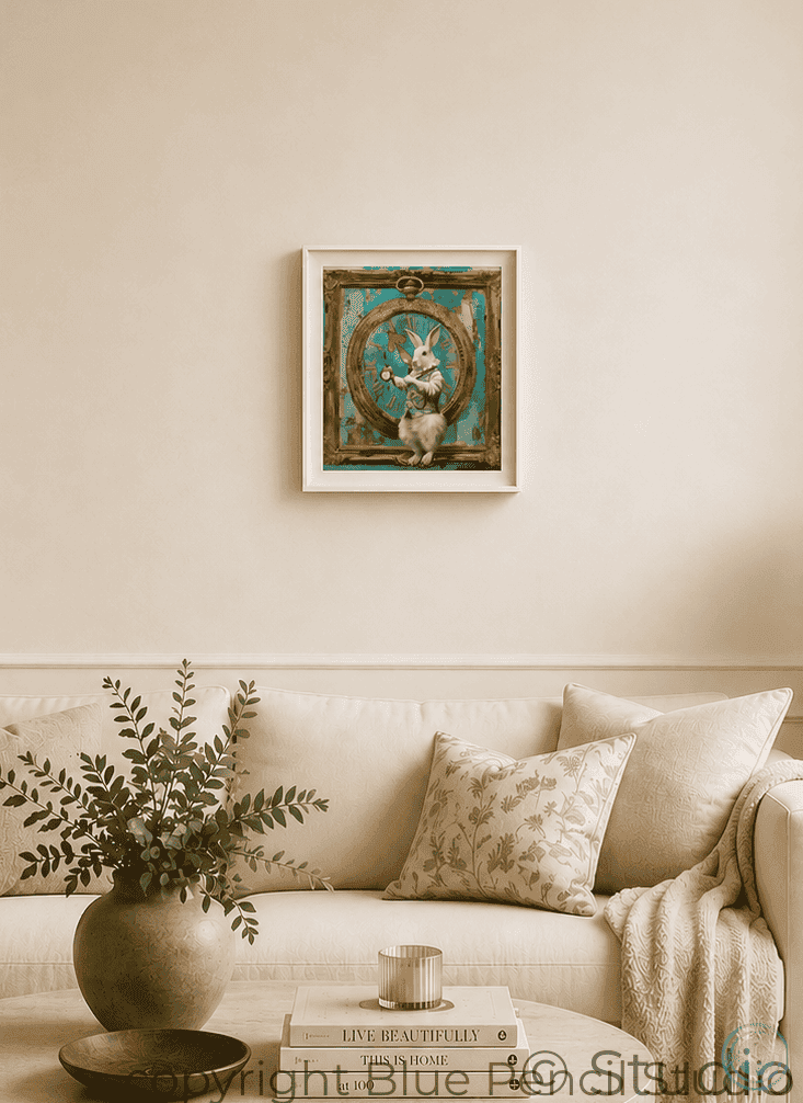 A framed art print featuring a white rabbit in a circular frame against a turquoise background, hanging on a beige wall above a cream-colored sofa with decorative pillows and a vase of greenery in the foreground.