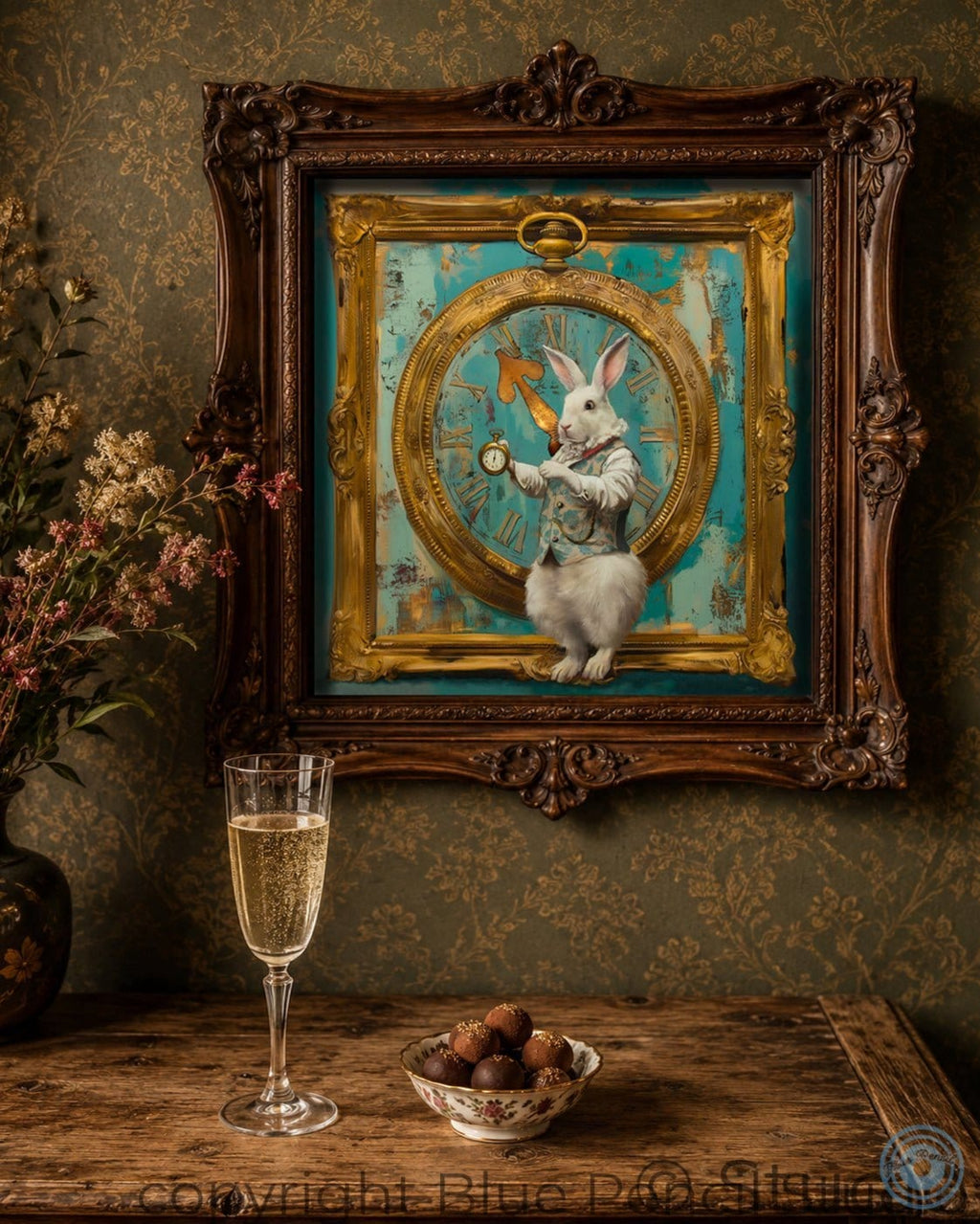 Framed artwork of a rabbit  with a clock, placed above a wooden table with a glass of champagne and bowl of truffles.