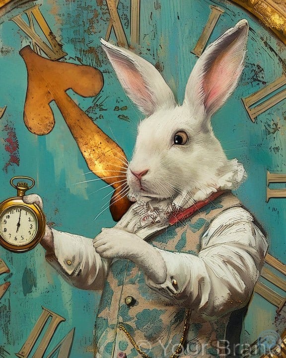 A whimsical art print depicting a white rabbit dressed in vintage clothing, holding a pocket watch against a distressed turquoise clock face background with gold Roman numerals.