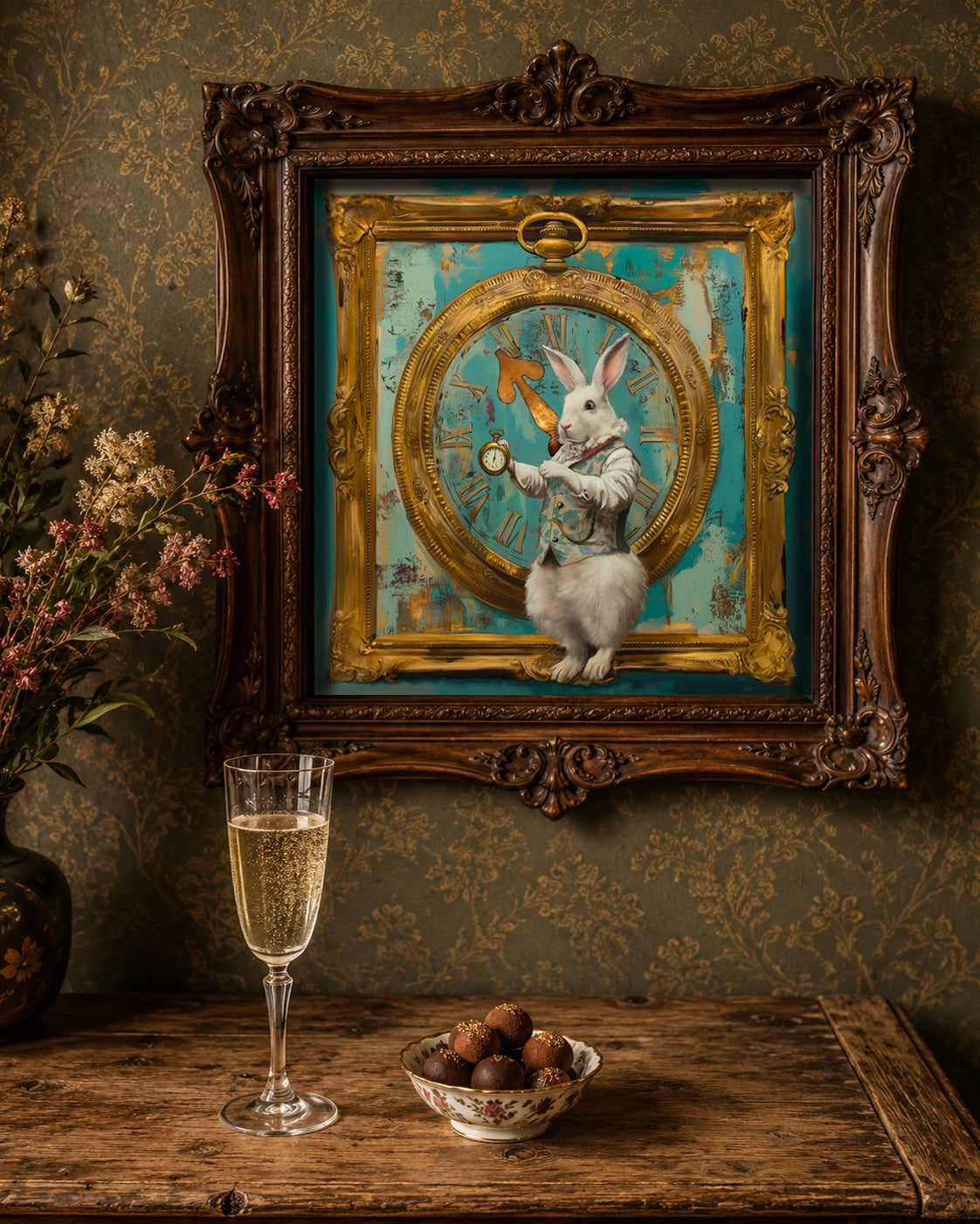 Framed artwork of a rabbit  with a clock, placed above a wooden table with a glass of champagne and bowl of truffles.