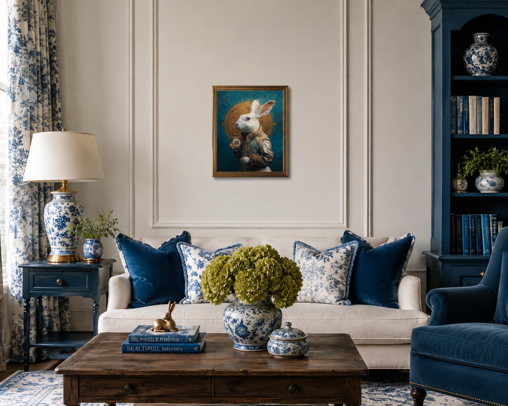 Living room with a sofa, coffee table, and white rabbit art.