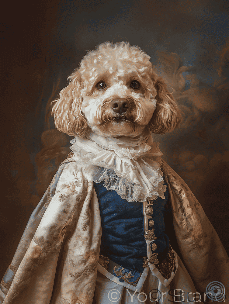 Cockapoo dressed in a historical costume with a floral cape and lace collar against a dark background