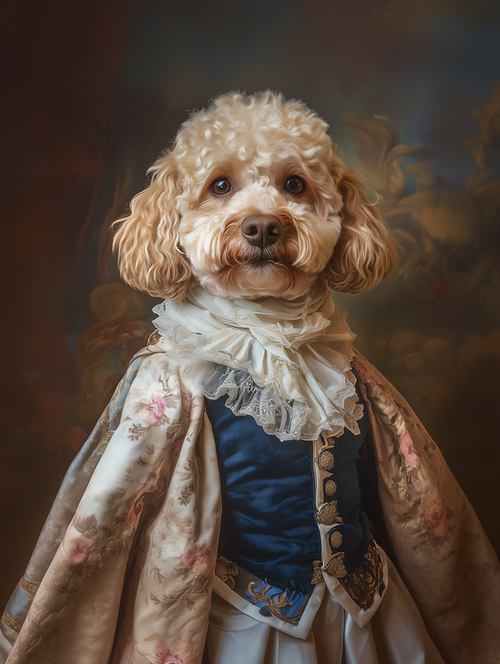 Cockapoo dressed in a historical costume with a floral cape and lace collar against a dark background