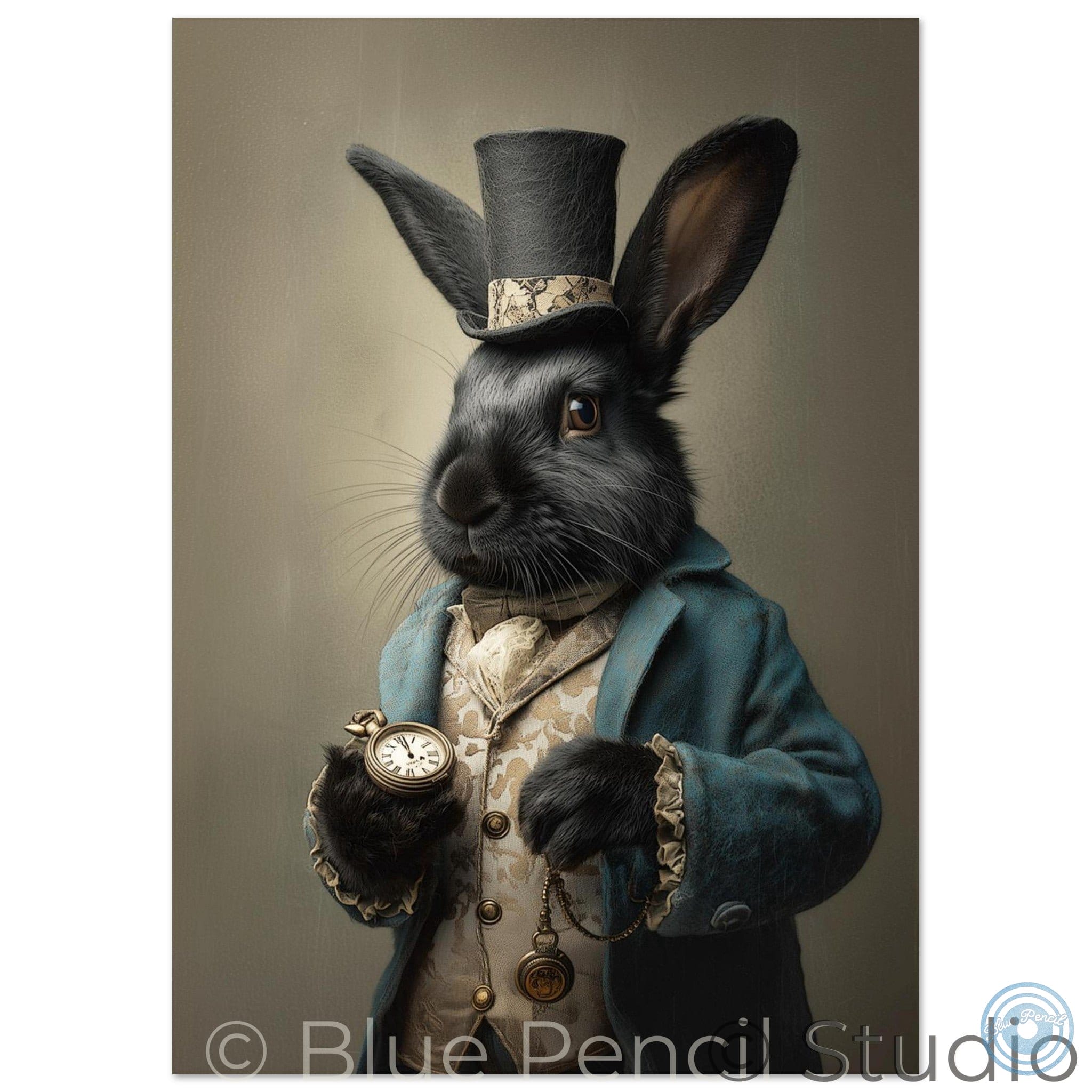 A stylized portrait print of a black rabbit dressed in Victorian-era formalwear, including a tall black top hat, teal coat, beige patterned vest, and pocket watch, shown against a warm taupe background. The artwork is presented with a white border and a visible 'Blue Pencil Studio' watermark at the bottom.