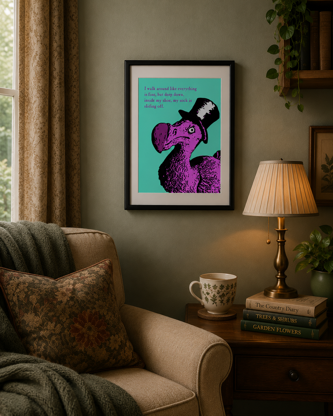 A framed art print featuring a purple dodo wearing a black top hat against a turquoise background, hanging on a sage green wall in a cozy living room setting with a beige armchair, lamp, and curtains.