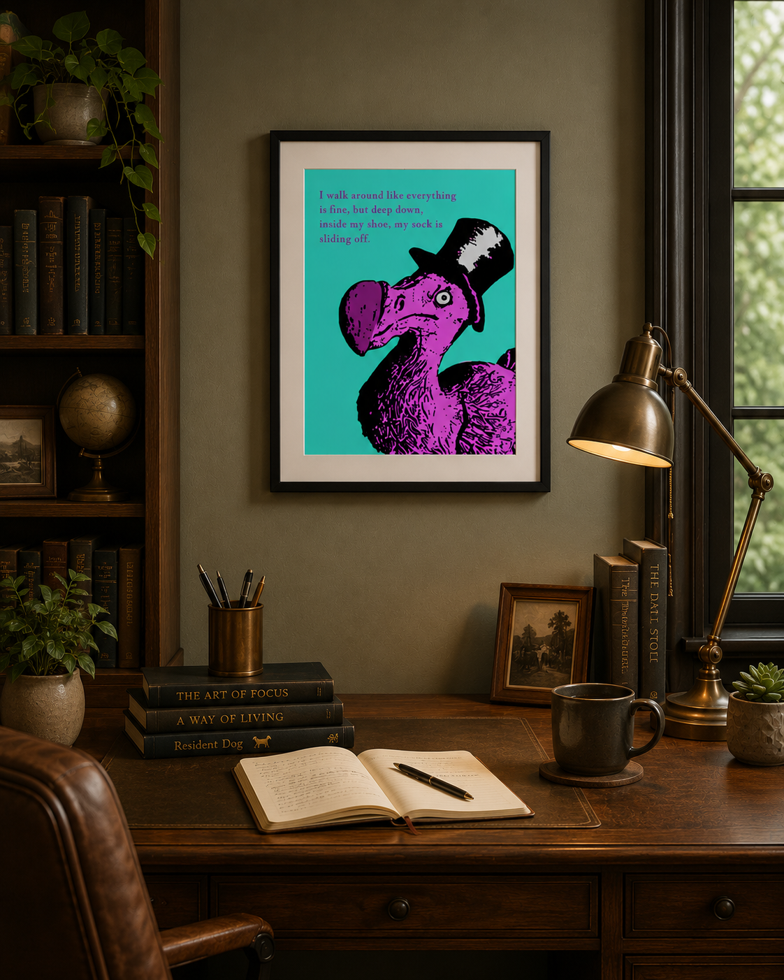 A framed art print featuring a stylized purple dodo bird on a turquoise background with a quote, displayed on a dark wall above a wooden desk in a cozy, dimly lit study setting.