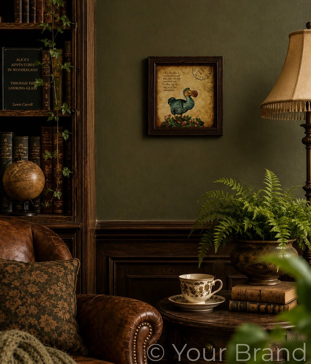Cosy room with a brown leather armchair, bookshelf, and framed picture of a dodo on a green wall.