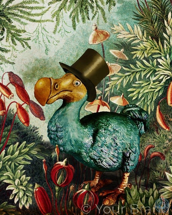 Dodo bird in top hat with a background of botanical illustration
