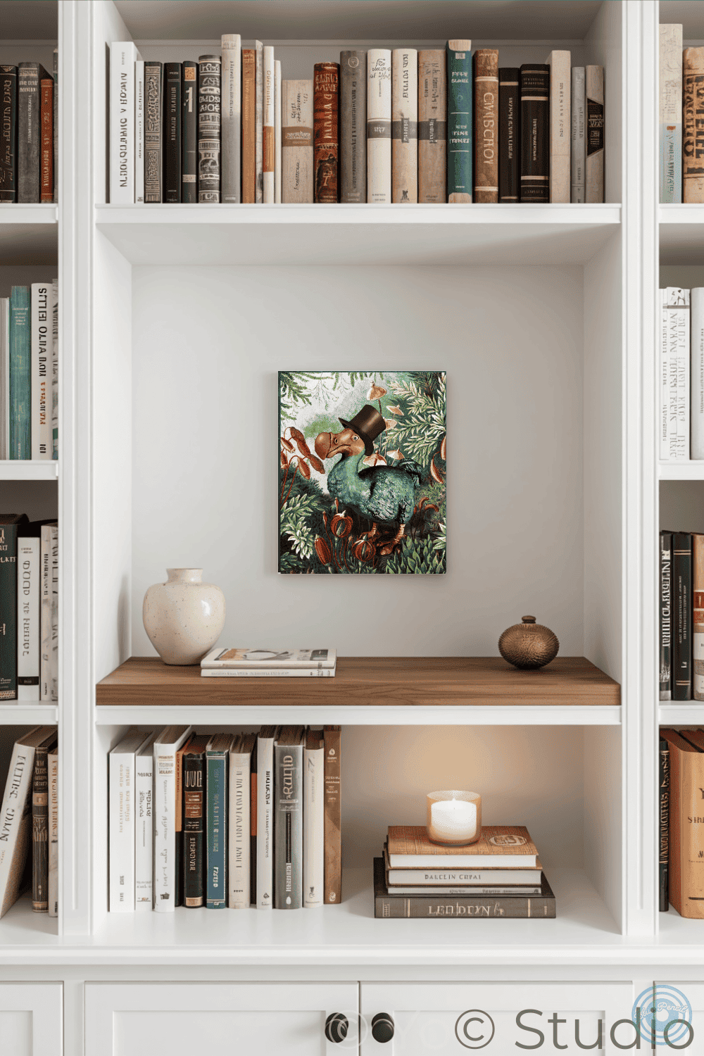 Bookshelf with books, a candle, and a decorative painting of a dodo on a wooden shelf.