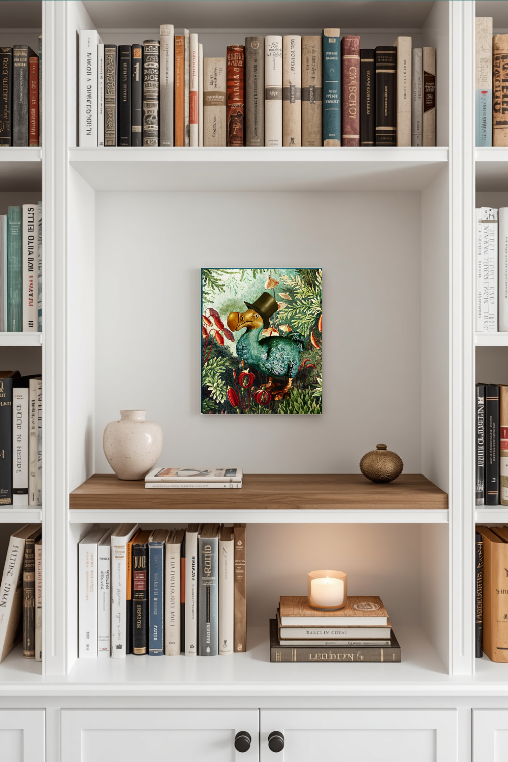Bookshelf with books, a candle, and a decorative painting of a dodo on a wooden shelf.