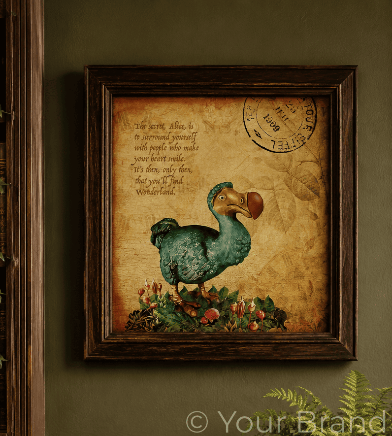 Framed artwork of a dodo bird with text on a textured background