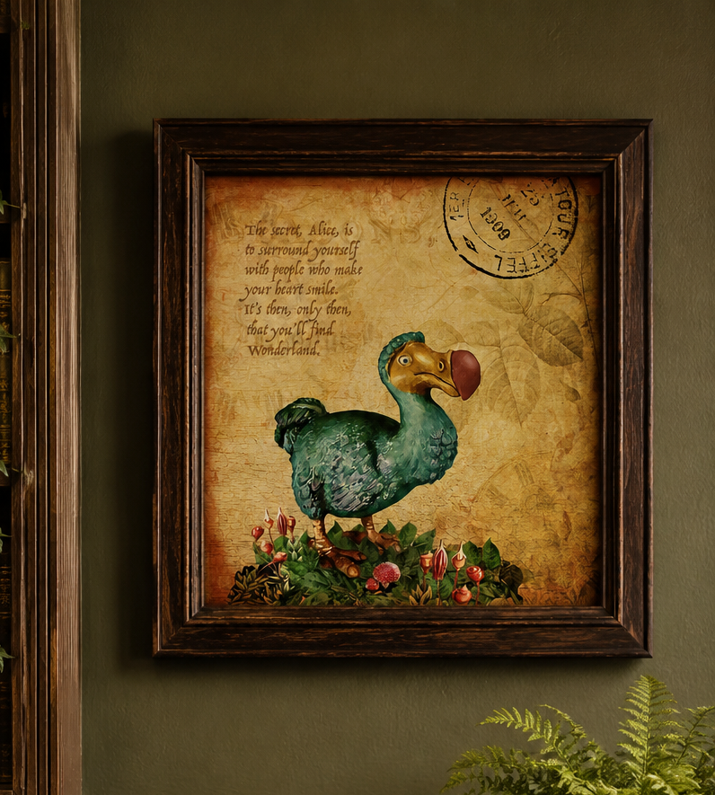 Framed artwork of a dodo bird with text on a textured background