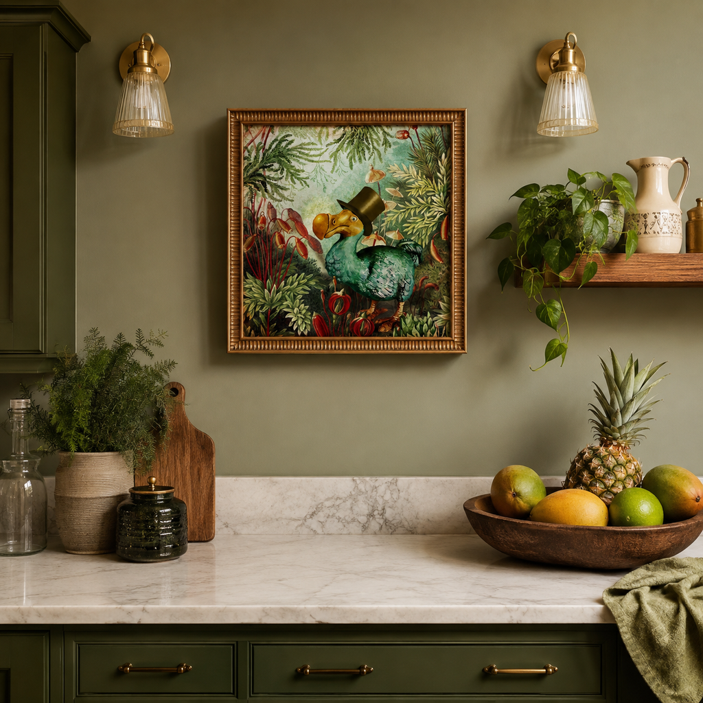 A framed art print depicting a colorful tropical jungle scene with a green dodo and red fruits, hanging on a sage green wall above a marble kitchen counter with plants and fruit.