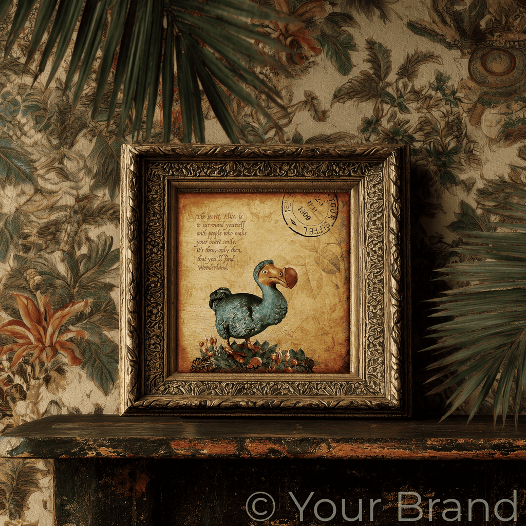 Decorative framed print with a dodo illustration on a shelf against floral wallpaper.
