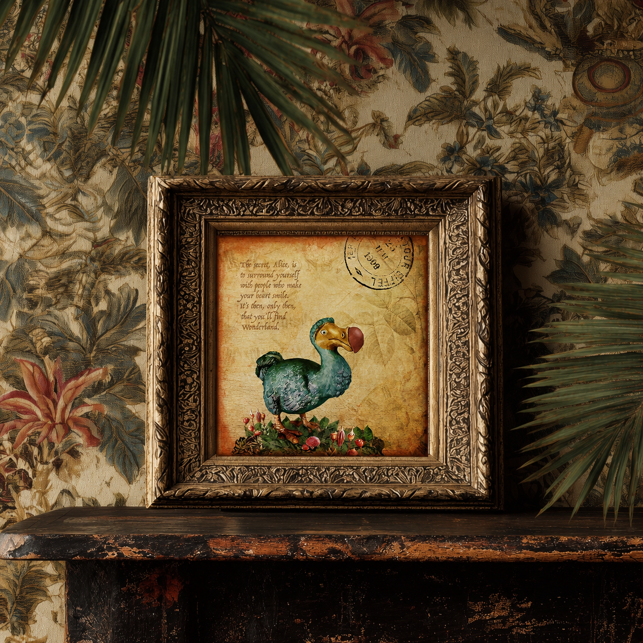 Decorative framed print with a dodo illustration on a shelf against floral wallpaper.
