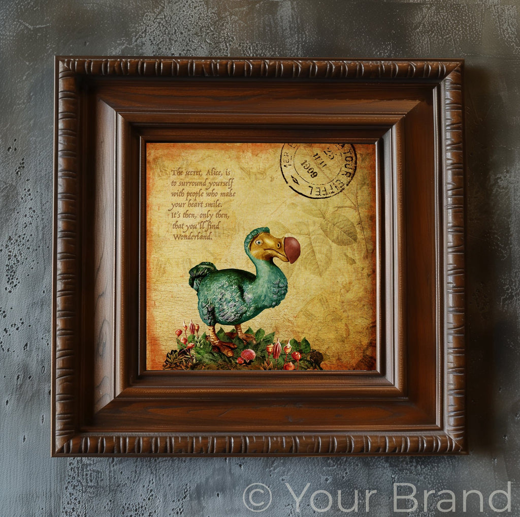 Framed artwork with a decorative dodo illustration on a textured background
