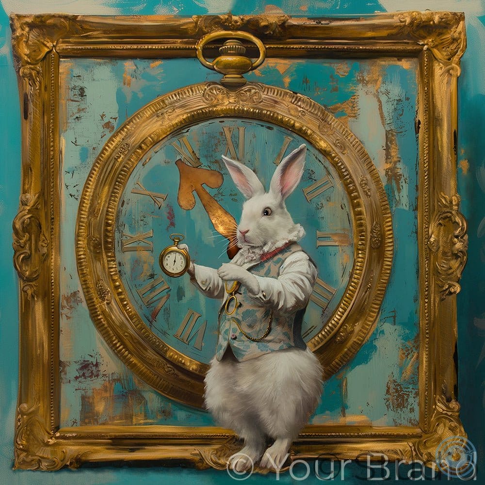 White Rabbit & Gold Clock Canvas Art Print - Whimsical Wall Décor