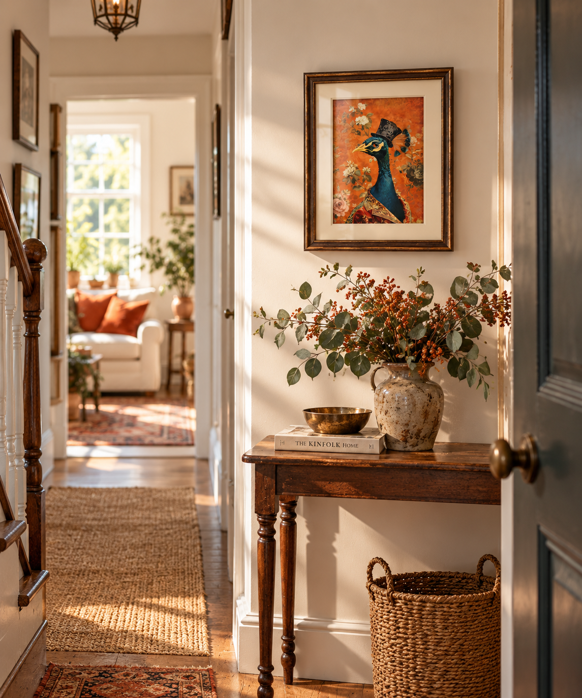 A framed art print of a blue peacock on an orange background, displayed on a white wall in a beautifully styled hallway above a wooden console table with a vase of eucalyptus and berries.