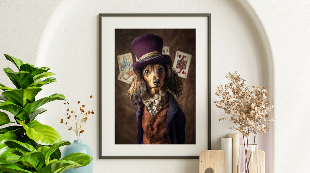 Framed artwork of a dog wearing a top hat and coat, surrounded by decorative elements on a white wall.