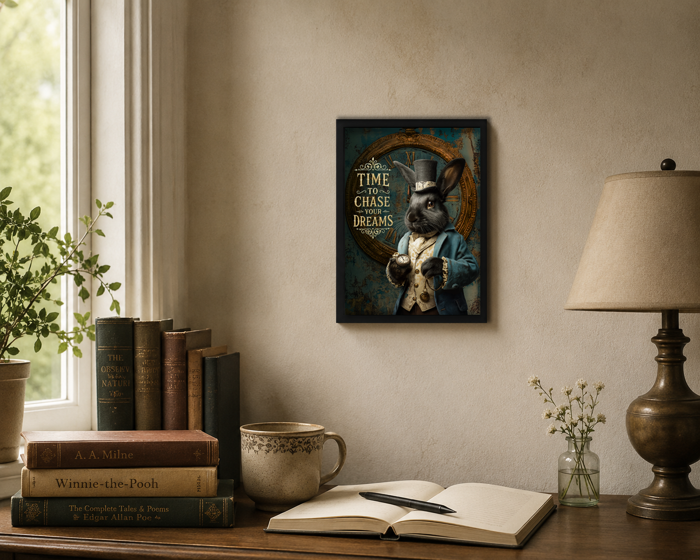 Time to Chase Your Dreams –  Rabbit Wonderland Art Print | Vintage Inspirational Wall Decor