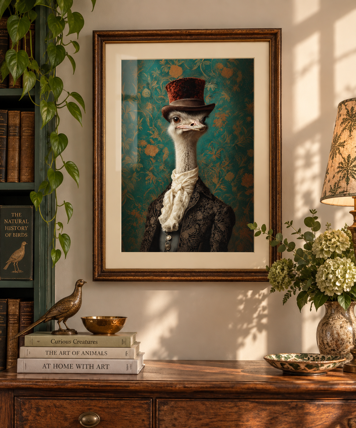 A framed art print featuring a whimsical portrait of an ostrich dressed in a top hat, white neckerchief, and patterned suit against a teal floral background, displayed on a wall above a wooden console table in a styled room.