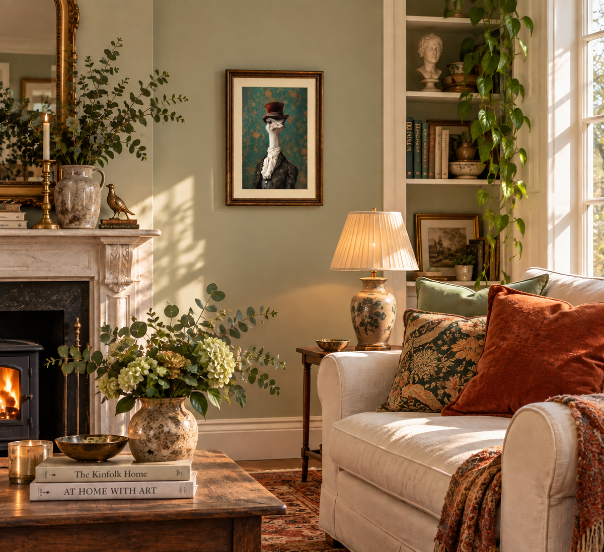 A framed art print depicting a stylized ostrich in a top hat hangs on a sage green wall in a beautifully decorated living room with a fireplace, a cream sofa with rust-coloured pillows, and a warm lit table lamp.