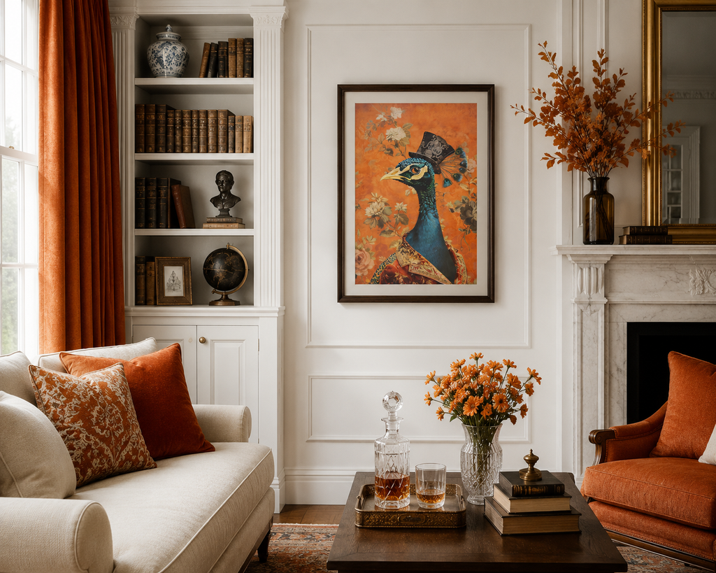 Living room with a couch, coffee table, and wall art featuring a peacock.