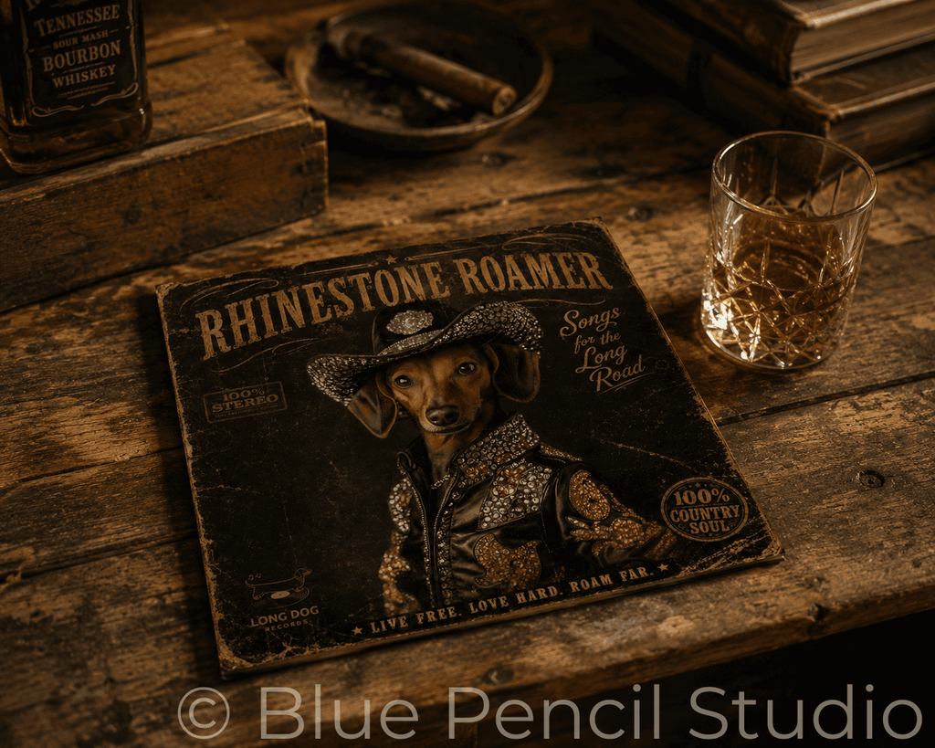 Album cover for 'Rhinestone Roamer' on a wooden surface with a glass of whiskey.