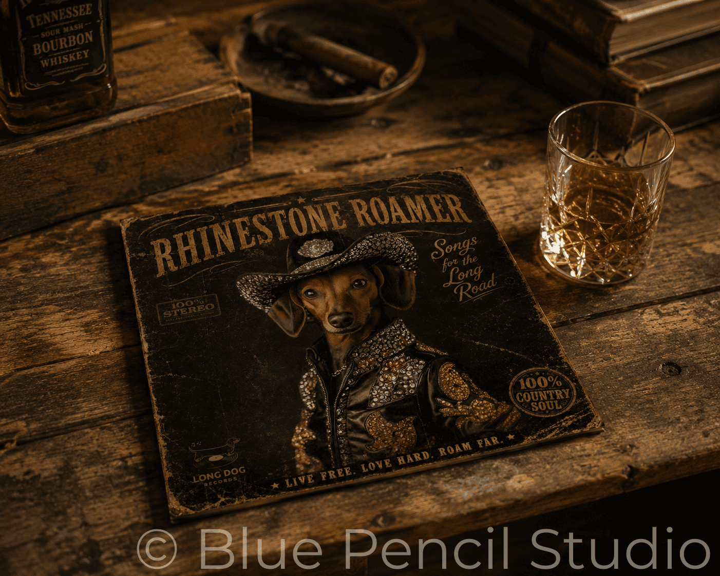 Album cover for 'Rhinestone Roamer' on a wooden surface with a glass of whiskey.