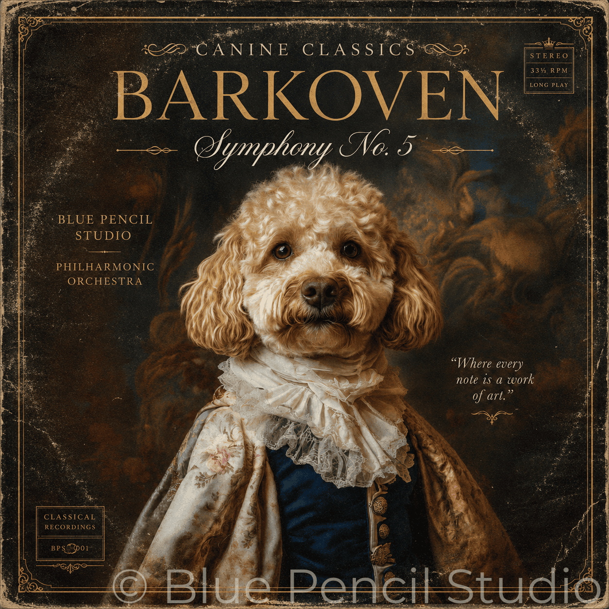 Album cover for 'Barkoven Symphony No. 5' under the Canine Classics label, featuring a vintage-style portrait of a curly-haired dog dressed in historical clothing against a dark, painterly background.