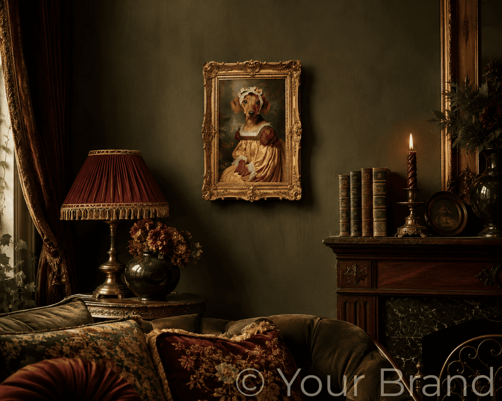 Vintage-style room with a painting of a Dachshund in a dress, lamp, and books.