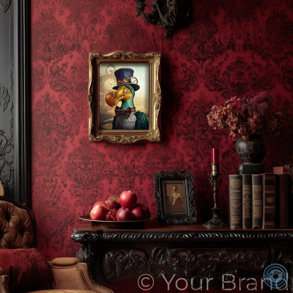 Decorative interior with red wallpaper, ornate furniture, and framed dodo artwork.
