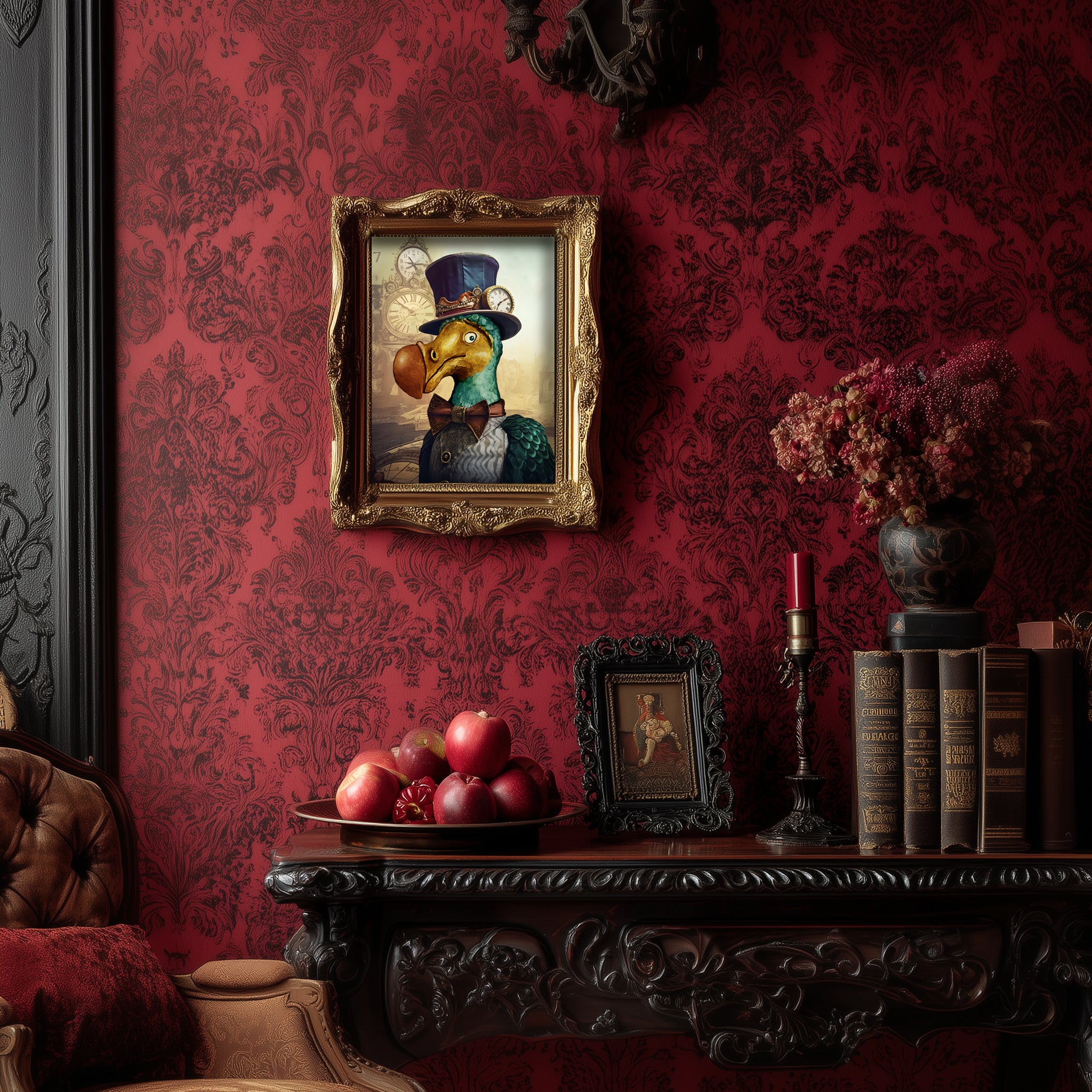Decorative interior with red wallpaper, ornate furniture, and framed dodo artwork.