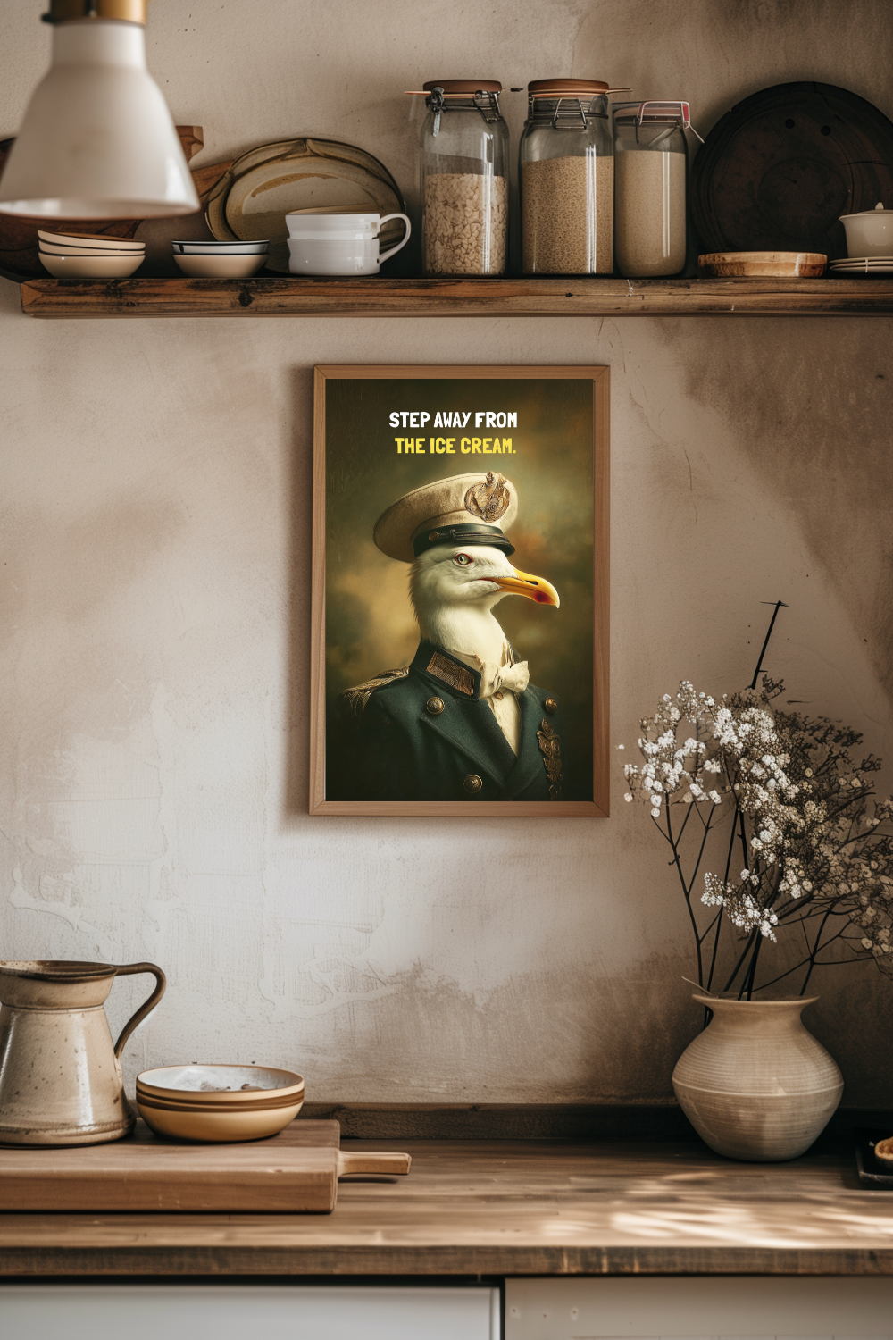 Framed poster of a seagull in a military uniform with text on a wall above a kitchen counter.
