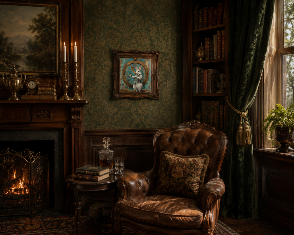 Vintage room with leather armchair, fireplace, and framed rabbit art 