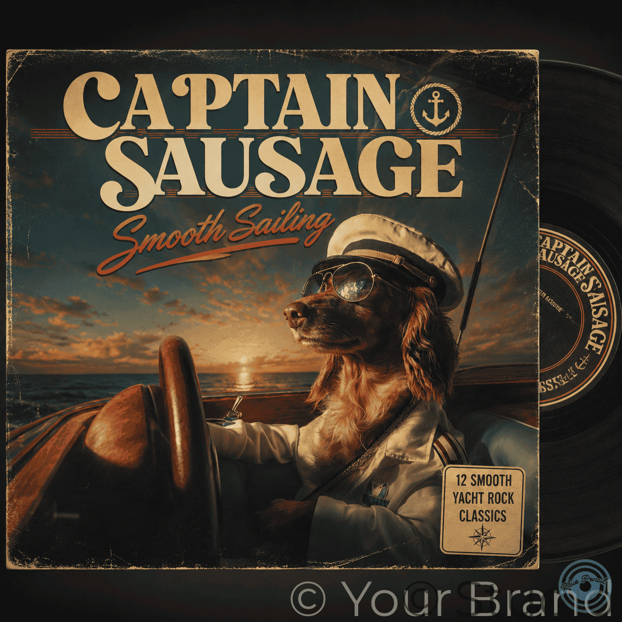 Vinyl record album cover for Captain Sausage's 'Smooth Sailing' with a dog dressed as a sailor at the helm, plus part of the black vinyl record visible on the right.