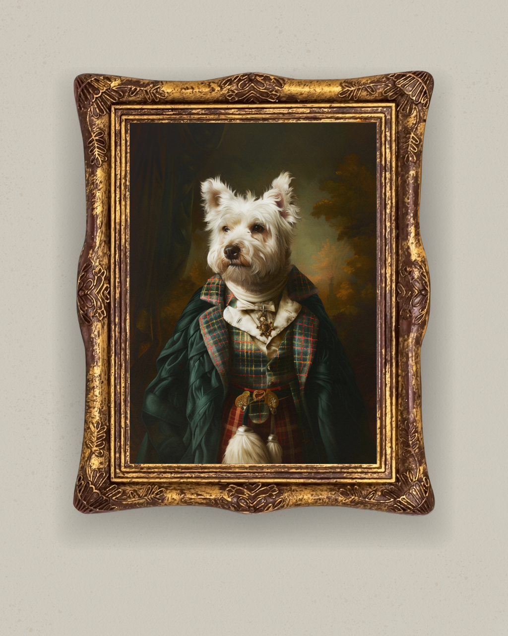 A framed portrait painting of a small white Westie dog dressed in vintage clothing, set against a dark background. The ornate gold frame is mounted on a light beige wall.