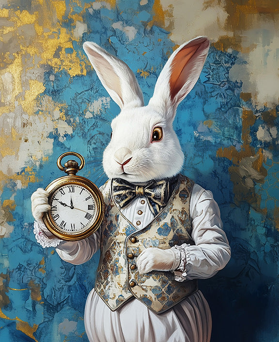 White Rabbit & Gold Clock Art Print | Alice in Wonderland Wall Decor