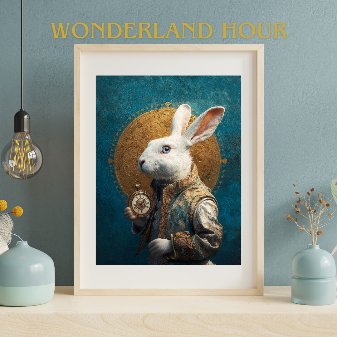 Framed artwork of a rabbit holding a pocket watch on a wall with 'Wonderland Hour' text.