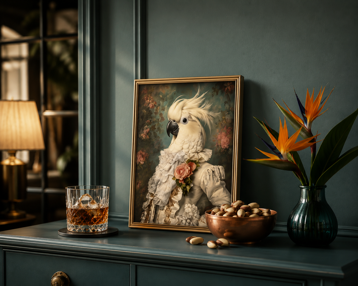 A framed portrait of a white cockatoo dressed in ornate white ruffles with a pink rose at its chest, displayed on a dark teal console table next to a glass of whiskey, a bowl of peanuts, and a vase of bird of paradise flowers.