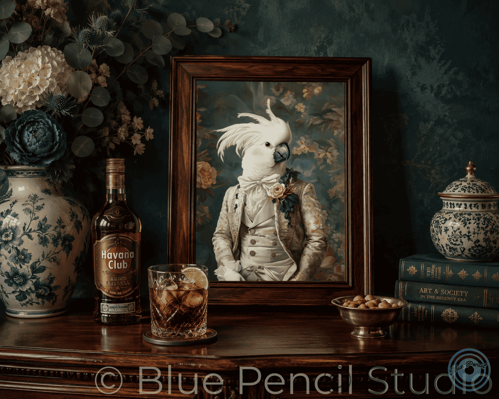 Framed portrait of a cockatoo in formal attire on a wooden table with decorative items.