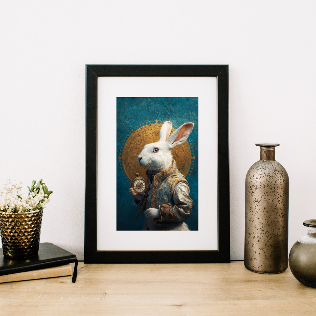 Framed artwork of a rabbit in a suit on a wooden surface with decorative items.