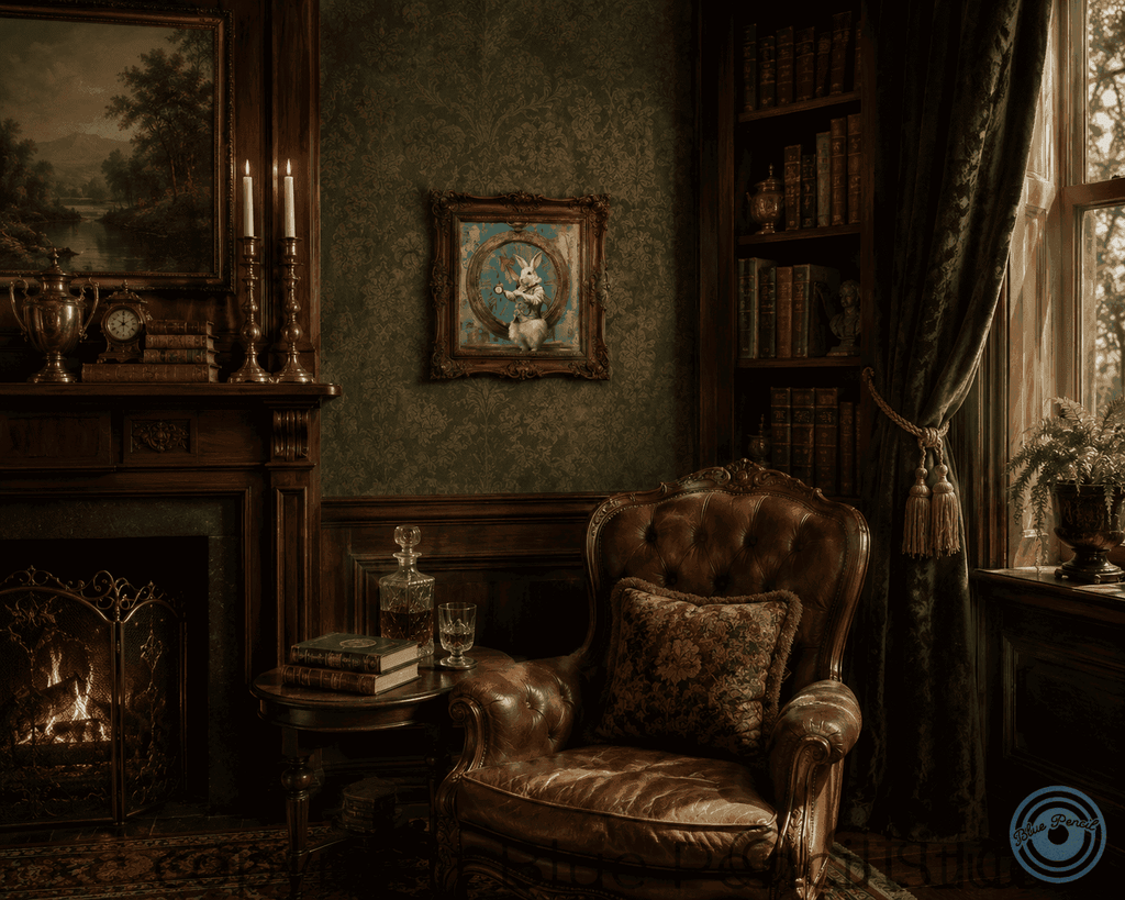 Vintage room with leather armchair, fireplace, and framed rabbit art 