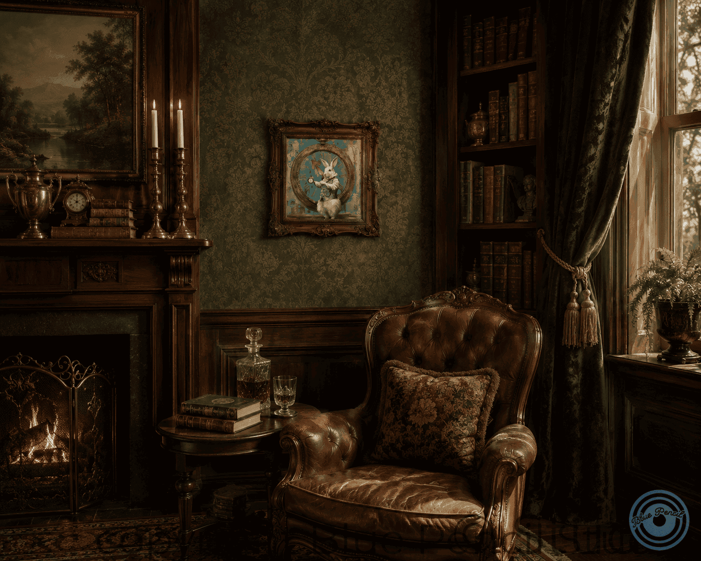 Vintage room with leather armchair, fireplace, and framed rabbit art 