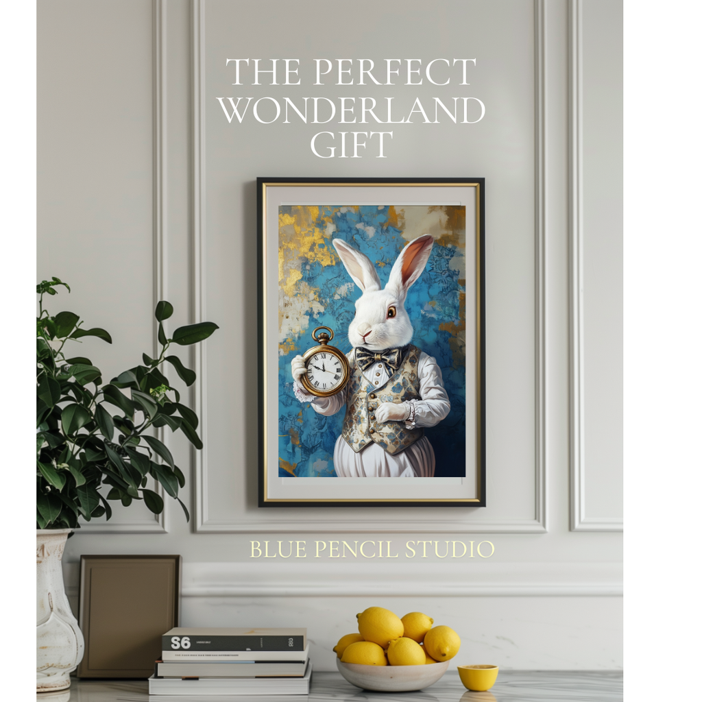 White Rabbit & Gold Clock Art Print | Alice in Wonderland Wall Decor